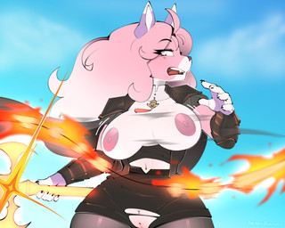 anthro big_breasts bottomwear bouncing_breasts breasts clothing female front_view fur hair holding_object holding_weapon innie_vulva long_hair nipples pink_body pink_fur pink_hair shorts solo surprised_expression thick_thighs vulva wardrobe_malfunction weapon wide_hips berrypunchz azalea_(witchyhearts) canid canine fox mammal 5:4 absurd_res hi_res