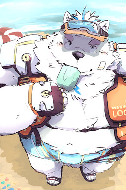anthro band-aid band-aid_on_face bandage bandage_on_face beach black_nose detailed_background food fur lifeguard_jacket male multicolored_body multicolored_fur navel popsicle popsicle_in_mouth slightly_chubby solo text turquoise_boxer_shorts two_tone_body two_tone_fur hisreralitlle yohack canid canine canis domestic_dog mammal nordic_sled_dog samoyed spitz english_text