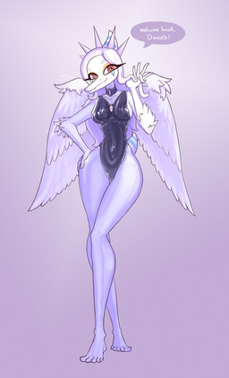 anthro biped black_clothing black_leotard blue_body bone_frill breasts butt butt_from_the_front choker clothed clothed_anthro clothed_female clothing collar dialogue elbow_feathers feathered_wings feathers feet female fingers frill_(anatomy) front_view grey_body hair hand_on_hip humanoid_feet humanoid_hands jewelry leotard long_hair looking_at_viewer markings medium_breasts mouth_closed navel necklace nipple_outline non-mammal_breasts non-mammal_hair non-mammal_navel plantigrade pose pycnofibres red_eyes short_tail simple_background smile solo speech_bubble spiked_collar spikes standing striped_markings stripes tail talking_to_viewer text toes white_body white_feathers white_hair wide_hips wings alexsavenije cavemanon_studios goodbye_volcano_high ko_op_(game_developer) snoot_game fang_(gvh) prehistoric_species pterosaur reptile scalie absurd_res artist_name colored english_text full-length_portrait hi_res pinup portrait shaded
