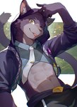 abs anthro fur looking_at_viewer male navel necktie one_eye_closed purple_body purple_fur solo tail tongue tongue_out ponzu_tas lust_shards tate_(lust_shards) domestic_cat felid feline felis mammal tuxedo_cat 2023 hi_res