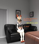 anthro athletic_wear big_breasts bottomwear breasts casting_couch clothed clothing dialogue feet female furniture gym_bottomwear gym_shorts hat headgear headwear inside shorts sitting sofa text thick_thighs toes white_body deerbone_(artist) valorlynz_(modeler) jerma985 nintendo pokemon real_world bunni_(valorlynz) jeremy_harrington generation_8_pokemon humanoid pokemon_(species) scorbunny 3d_(artwork) digital_media_(artwork) english_text hi_res