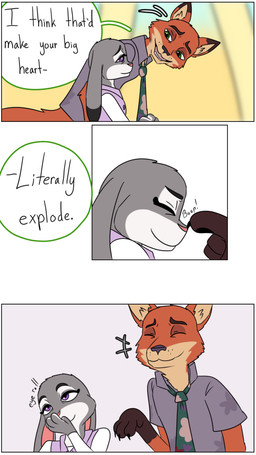anthro boop dialogue duo female fur grey_body grey_fur male necktie nose_boop orange_body orange_fur pointy_ears rabbit_ears tail text hahstudios disney zootopia judy_hopps nick_wilde canid canine european_rabbit fox lagomorph leporid mammal oryctolagus rabbit red_fox true_fox comic english_text