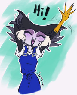 anthro clothing eyes_closed female gesture lipstick makeup overalls smile solo text waving g-blue16 odeth_poensis avian bird owl 2025