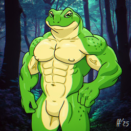 abs anthro biped featureless_crotch green_body green_eyes male markings mouth_closed multicolored_body muscular muscular_anthro muscular_male navel nipples nude_anthro nude_male pecs pose solo spots spotted_body tan_body vein veiny_muscles fabfelipe amphibian frog 1:1 2025 chromatic_aberration digital_drawing_(artwork) digital_media_(artwork) hi_res pinup
