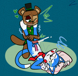 annoyed anthro bodily_fluids chuckling clothed clothing cum cum_on_eye cum_on_face cum_on_torso duo erection eyes_closed fully_clothed genital_fluids genitals heart_eyes heart_symbol laugh leg_pull lying male male/male moan on_back one_eye_closed orgasm penis playful zurzure fazbear_fanverse five_nights_at_candy's popgoes candy_(fnac) candy_the_cat popgoes_the_weasel domestic_cat felid feline felis mammal mustelid musteline true_musteline weasel