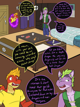 2_panel_comic 3_panel_comic 5_fingers 5_toes anthro bed belt biped blue_bed blue_bottomwear blue_clothing blue_pants book bottomwear building calendar card clothing coin container cup curtains dialogue door door_handle dresser duo fangs feet fingers front_view furniture green_clothing green_eyes green_hair green_shirt green_topwear grin hair house humanoid_feet inside looking_at_another magic male membrane_(anatomy) membranous_wings multicolored_body multicolored_skin open_mouth orange_hair pants plantigrade playing_card portal purple_body purple_skin purple_tail question_mark red_belt red_body red_skin scroll shirt smile speech_bubble standing table tail teeth text through_portal through_wall toes tongue topwear treasure_chest trespassing tunic two_tone_body two_tone_skin window wings yellow_body yellow_clothing yellow_shirt yellow_skin yellow_topwear yellow_tunic fuze european_mythology mythology mangle_(fuze) rail_felflame_(fuze) dragon mythological_creature mythological_scalie scalie western_dragon 2024 3:4 comic digital_drawing_(artwork) digital_media_(artwork) english_text hi_res multiple_scenes