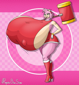 anthro big_breasts big_butt boots breasts butt clothed clothing dress female footwear fur hammer high_heeled_boots high_heels huge_breasts huge_butt hyper hyper_breasts nipple_outline piko_piko_hammer pink_body pink_fur red_boots red_clothing red_dress red_footwear shoes solo tan_body tan_fur thick_thighs tools aregularblueslime sega sonic_the_hedgehog_(series) amy_rose eulipotyphlan hedgehog mammal 2025 digital_media_(artwork) hi_res