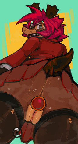 anal anal_penetration anthro bodily_fluids braces brown_body brown_fur butt buttplug buttplug_in_ass buttplug_insertion clothed clothing female fur genitals green_eyes hair legwear looking_at_viewer looking_back looking_back_at_viewer no_underwear object_in_ass penetration plug_(sex_toy) plug_insertion plump_labia rear_view red_hair sex_toy sex_toy_in_ass sex_toy_insertion solo sweat sweaty_butt teeth thigh_highs upskirt vulva latchk3y ollie_(lfswail) eulipotyphlan hedgehog mammal absurd_res hi_res