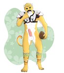 anthro football_gear football_player football_uniform genitals male markings penile_spines penis scar scarred_hand shoulder_pads solo striped_markings stripes ferny42 riley_winters cougar felid feline mammal hi_res