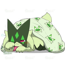 ^w^ ambiguous_gender anthro bedding black_claws blanket blush claws dipstick_ears ear_markings fur green_body green_fur green_tail mask multicolored_ears one_eye_closed open_mouth open_smile owo paws pink_eyes simple_background smile solo spiral spiral_eyes tail waking_up white_background tontaro nintendo pokemon felid feline floragato generation_9_pokemon mammal meowscarada pokemon_(species) 1:1 digital_media_(artwork) signature watermark