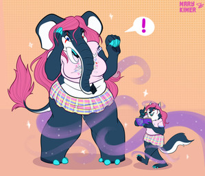 book bottomwear clothing duo exclamation_point magic skirt species_transformation spell surprised transformation bardo_en_krisis canid canine canis elephant elephantid mammal proboscidean wolf absurd_res clip_studio_paint_(artwork) digital_media_(artwork) hi_res