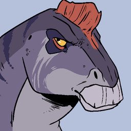 blue_background grey_body male mouth_closed narrowed_eyes no_sclera simple_background solo striped_neck three-quarter_view unsigned yellow_eyes swampjaws baron_(imperatorcaesar) dinosaur edmontosaurus hadrosaurid ornithischian ornithopod prehistoric_species reptile scalie 1:1 headshot_portrait icon low_res portrait