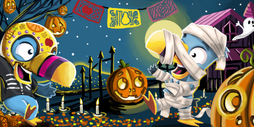 anthro beak black_clothing black_shirt black_t-shirt black_topwear blue_body bottomless building clothed clothing decoration duo food fruit glistening glistening_eyes logo male mask mummy_wrappings open_mouth open_smile outside plant pumpkin shirt smile star t-shirt topwear tree wearing_mask yellow_beak young young_anthro young_male pandapaco avian artist_logo signature