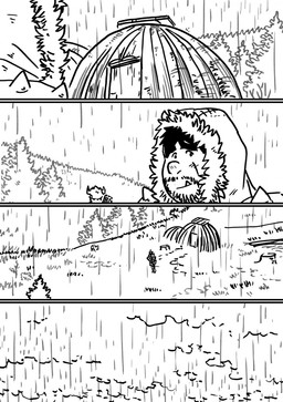 anthro building duo fangs hairy house male outside plant raining simple_background teeth tree water weapon husky92 european_mythology greek_mythology mythology bovid bovine humanoid mammal minotaur orc comic hi_res monochrome multiple_scenes