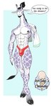 abs anthro bulge clothing detailed_bulge facial_hair genital_outline goatee hooves male muscular muscular_male nipples pecs penis_outline solo speech_bubble spots text topknot towel underwear 1ceberg giraffe giraffid mammal absurd_res hi_res