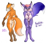 anthro bent_over butt canid canine chest_tuft collaboration dipstick_tail duo female fox front_view fur gloves_(marking) jeremy_mullins kasedries leaning leaning_forward leaning_on_self licking looking_at_viewer looking_back mammal markings orange_body orange_fur purple_body purple_fur rear_view tail tail_markings tongue tongue_out tuft
