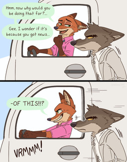 anthro brown_body brown_fur clothed clothing dialogue duo eyebrows fur male necktie open_mouth open_smile pink_clothing pink_shirt pink_topwear shirt smile speech_bubble text topwear vehicle aar0njay disney dreamworks the_bad_guys zootopia mr._wolf_(the_bad_guys) nick_wilde canid canine canis fox mammal wolf 2025 comic english_text hi_res