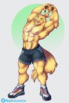 5_fingers abs anthro biceps big_muscles blonde_hair bottomwear brown_nipples brown_nose brown_pawpads clothed clothing fingers footwear fur green_eyes hair humanoid_hands looking_at_viewer male muscular muscular_anthro muscular_male nipples one_eye_closed pawpads pecs plantigrade shoes shorts smile sneakers solo standing stretching topless wink yellow_body yellow_fur ajdrawsnice chase_(retriever) bird_dog canid canine canis domestic_dog golden_retriever hunting_dog mammal retriever 2021 absurd_res hi_res