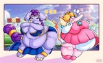 alternate_species anthro anthrofied blonde_hair breasts clothing duo female footwear furrification hair long_hair overweight overweight_anthro overweight_female purple_hair drokmars mario_bros nintendo shantae_(series) super_mario_bros_wonder wayforward elephant_peach princess_peach shantae_(elephant_form) elephant elephantid mammal proboscidean 2023 crossover hi_res signature