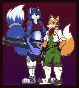 4_toes 5_fingers anthro black_nose blue_body blue_fur blue_hair boots bottomwear breasts canon_couple claws clothed clothed_anthro clothed_female clothed_male clothing duo feet female fingerless_gloves fingers footwear fur gloves gun hair handgun handwear hindpaw humanoid_hands jacket larger_female male midriff multicolored_body multicolored_fur navel orange_body orange_fur pants paws pistol plantigrade ranged_weapon sandals shoes size_difference smaller_male smile tail toe_claws toes topwear two_tone_body two_tone_fur weapon white_body white_fur white_hair dansharkman nintendo star_fox fox_mccloud krystal_(star_fox) canid canine fox mammal 2024 dated hi_res signature