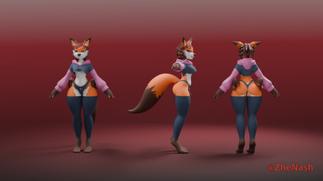anthro barefoot black_nose breasts brown_background brown_body brown_fur clothed clothing dipstick_ears dipstick_tail ear_markings eyebrows feet female fur hair hoodie legwear markings multicolored_body multicolored_ears multicolored_fur navel navel_piercing open_mouth orange_body orange_fur panties piercing sharp_teeth simple_background solo tail tail_markings teeth text thigh_highs topwear under_boob underwear white_body white_fur zhenash canid canine fox mammal 16:9 3d_(artwork) absurd_res artist_name blender_(artwork) digital_media_(artwork) hi_res widescreen