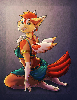 abstract_background anklet anthro armlet bangle beak bottomwear breasts clothed clothing crop_top digit_ring ear_piercing ear_ring facial_tuft feathered_wings feathers feet female gold_(metal) gold_jewelry hair harem_jewelry harem_outfit jewelry looking_back multicolored_body multicolored_feathers necklace non-mammal_breasts piercing ring ring_(jewelry) ring_piercing shirt skirt small_wings solo tail tail_feathers tail_under_skirt toe_ring toes topwear tuft wings kaylii avian bird hi_res signature