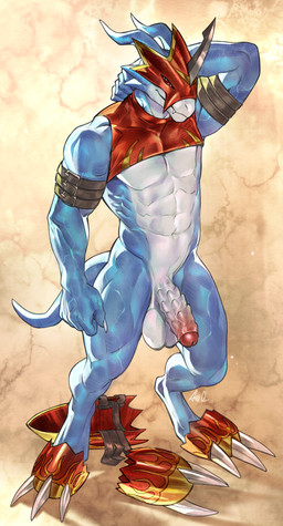 5_fingers abs anthro armband armor balls blue_body bottomless claws clothed clothing crop_top digitigrade erection fingers foreskin genitals hand_behind_head horn humanoid_genitalia humanoid_penis male mask multicolored_body penis red_eyes shirt solo tail topwear two_tone_body white_body ama_dench_art bandai_namco digimon hasbro digimon_(species) flamedramon absurd_res digital_media_(artwork) hi_res shaded