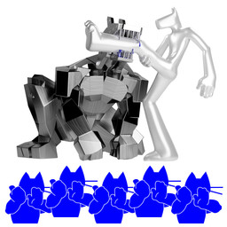 4_fingers ambiguous_gender anthro applause barefoot biped biting_leg black_body blood blue_blood blue_body bodily_fluids clapping colored_blood eyeless featureless_face feet fingers group male not_furry raised_leg simple_background size_difference standing unusual_blood unusual_bodily_fluids whiskers white_background bugfoe canid canine canis domestic_cat domestic_dog elemental_creature felid feline felis mammal metal_creature mineral_fauna 1:1 3d_(artwork) digital_media_(artwork) hi_res