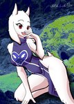 anthro big_breasts breasts cave clothed clothing dress female fur hand_on_ground hand_on_mouth horn looking_at_viewer open_mouth purple_clothing red_eyes smile solo thick_thighs white_body white_fur nikku_lunatique undertale_(series) toriel bovid caprine goat mammal hi_res