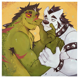 anthro armband barbell_piercing biceps black_hair body_hair bracelet collar duo eye_contact eyebrow_barbell eyebrow_piercing facial_hair facial_piercing flirting fur green_body green_scales hair jewelry looking_at_another male manly muscular muscular_anthro muscular_male paws piercing scales scar simple_background smile spiked_armband spiked_bracelet spiked_collar spikes teeth white_body yellow_sclera hirakie1 langdon_marston lev_(drawreshi) canid canine canis crocodilian domestic_dog husky mammal nordic_sled_dog reptile scalie spitz hi_res