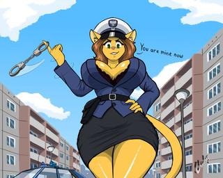 anthro belt belt_buckle belt_pouch bottomwear breasts brown_hair buckle car clothing dialogue ears_down eyebrows female fur green_eyes hair hat headgear headwear open_mouth pivoted_ears poland police police_car police_hat police_officer police_uniform police_vehicle polish_people's_republic skirt smile smiling_at_viewer solo teeth teeth_showing text uniform vehicle wearing_hat yellow_body yellow_fur chisheq fso_polonez aneta_(chisheq) domestic_cat felid feline felis mammal hi_res
