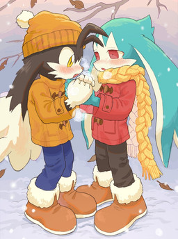 anthro black_body black_fur blush boots clothing coat duo footwear fur green_body green_fur hand_holding kemono male male/male outside red_eyes scarf shoes topwear winter winter_hat yellow_eyes young young_anthro young_male amber_graygamma bandai_namco klonoa_(series) king_of_sorrow klonoa domestic_cat felid feline felis mammal 2023