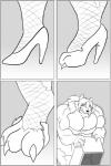 anthro big_muscles biped canid canine canis clock-face clothed clothing comic eyes_closed female footwear fox hair hi_res high_heels huge_muscles hybrid hyper hyper_muscles mammal monochrome muscular muscular_anthro muscular_female shoes simple_background solo transformation wolf