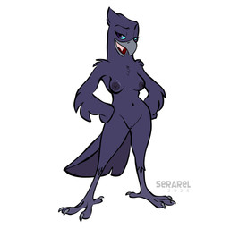 anthro avian_feet beak biped breasts darkened_areola darkened_nipples eyebrows feathers female front_view genitals looking_at_viewer medium_breasts navel nipples non-mammal_breasts non-mammal_navel non-mammal_nipples nude nude_anthro nude_female purple_eyes raised_eyebrow scuted_legs scutes solo standing tail tail_feathers thick_thighs vulva wide_hips winged_arms wings serareldeer dreamworks the_bad_guys doom_(the_bad_guys) avian bird corvid corvus_(genus) oscine passerine raven 2025 hi_res