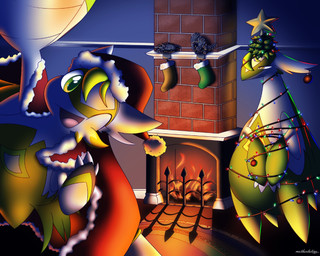 black_body bound christmas_clothing christmas_decorations christmas_headwear christmas_lights christmas_tree claws clothing detailed_background duo feral fireplace fur green_body green_eyes green_fur green_hair green_tail hair hat headgear headwear holidays looking_at_viewer markings one_eye_closed open_mouth open_smile plant red_clothing robe santa_hat smile tail tree white_body white_claws white_clothing white_ears white_fur yellow_body yellow_fur yellow_tail motherlatias christmas nintendo pokemon lime_(shinymango) mango_(shinymango) generation_3_pokemon groudon kyogre latias latios legendary_pokemon pokemon_(species) 2025 5:4 hi_res signature