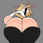 angry animal_ears animal_tail big_butt black_clothing black_legwear black_thigh_highs blonde_hair blush blush_lines bottom_heavy bottomless butt clothed clothing cross-popping_vein empty_eyes fangs female grey_background hair huge_butt legwear light_body light_skin looking_at_viewer looking_back looking_back_at_viewer low-angle_view open_mouth rear_view shirt simple_background solo teeth thick_thighs thigh_highs topwear white_clothing white_eyes white_shirt white_topwear wide_hips worm's-eye_view nanodude78 melty_blood tsukihime type-moon neco-arc animal_humanoid cat_humanoid felid felid_humanoid feline feline_humanoid humanoid mammal mammal_humanoid 1:1