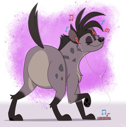 all_fours butt butt_focus cord electronics eyes_closed featureless_crotch female feral fur hair headphones markings monobutt mouth_closed musical_symbol nude paws rear_view smile solo spots spotted_body spotted_fur symbol splatpad disney the_lion_king shenzi_(the_lion_king) hyena mammal 2025 absurd_res hi_res