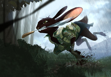 3_toes buckteeth clothed clothing dark_body dark_fur day detailed_background feet footwear fur grass low-angle_view mouth_hold outside plant raining running solo spread_toes teeth text toeless_footwear toes tree weapon whiskers relaxablefur lagomorph leporid mammal rabbit 2021 digital_media_(artwork) hi_res signature url