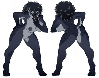 anthro anus big_breasts black_body black_fur breasts butt claws female fur genitals huge_breasts muscular muscular_anthro nipples one_eye_closed open_mouth plump_labia rear_view scar solo spots vulva wink unposturedfile narita_vilores hyena mammal hi_res