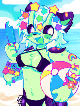 anthro beach bikini black_bikini black_clothing black_sclera black_swimwear bodily_fluids bracelet breasts chest_tuft clothing cute_fangs fangs female food fur green_body green_fur hair holding_food holding_object holding_popsicle jewelry looking_away markings medium_breasts medium_hair navel open_mouth open_smile outside popsicle purple_markings smile solo sweat swimwear teeth tuft two-piece_swimsuit white_hair kingsillysmilez alien!silly_(kingsillysmilez) felid feline hybrid mammal 2025 3:4 colored colored_sketch digital_drawing_(artwork) digital_media_(artwork) hi_res shaded sketch nonbinary_(lore)