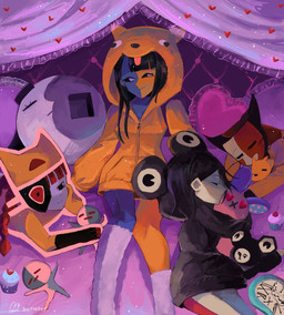 ambiguous_gender anthro black_eyes black_hair blue_body breasts clock clothed clothing cupcake eyebrows female feral food grey_body group hair hat headgear headwear hoodie multicolored_body pillow red_body red_hair sitting sleeping smile split_color text topwear two_tone_body yellow_body yellow_eyes usagimarumei ena:_dream_bbq ena_(series) ena_(web_series) ena_(dream_bbq) ena_(joel_g) froggy_(ena) hourglass_dog_(ena) mezo_(usagimarumei) moony_(ena) shepherd_(ena) taski_maiden_(ena) animal_humanoid canid canine canis cat_humanoid domestic_cat domestic_dog ena_(species) felid felid_humanoid feline feline_humanoid felis human humanoid living_moon mammal mammal_humanoid sphere_creature taski_maiden_companion digital_media_(artwork) english_text hi_res