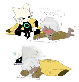 anthro barefoot black_eyes blush bodily_fluids drooling duo feet happy holding_object holding_pencil lying male on_front open_mouth pencil_(object) saliva serious simple_background sitting white_background young young_human young_male 2_3up nine_sols red_candle_games shuanshuan_(nine_sols) yi_(nine_sols) domestic_cat felid feline felis human mammal solarian 2026 hi_res japanese_description