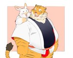 anthro asian_clothing belly big_belly clothing duo east_asian_clothing eyes_closed fundoshi japanese_clothing kemono male overweight overweight_male red_clothing red_fundoshi red_underwear shirt simple_background size_difference topwear underwear inunoshippo felid lagomorph leporid mammal pantherine rabbit tiger 2023 5:4 hi_res