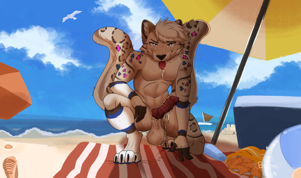 2_tails animal_genitalia animal_penis anthro aroused athletic athletic_anthro athletic_male balls beach bedroom_eyes bent_legs big_balls bodily_fluids canine_genitalia canine_penis claws crouching dripping drooling eager excessive_genital_fluids excessive_precum fangs genital_fluids genitals hand_on_leg hand_on_thigh head_tuft hungry kneeling knot large_fangs leaking_precum male multi_tail narrowed_eyes navel parasol penis pounce_pose precum precum_drip sabertooth_(anatomy) saggy_balls saliva saliva_string seductive solo stain stained tail teeth throbbing throbbing_balls throbbing_penis toe_claws tongue tongue_out tuft water wave bonbonsart canid canine felid hybrid mammal pantherine snow_leopard absurd_res hi_res huge_filesize