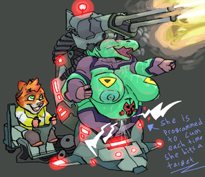 anthro artillery belly belly_tattoo big_breasts breasts clothing controller cybernetics drone dronification duo female forniphilia genetically_modified huge_breasts machine male mind_control modification objectification ranged_weapon remote_control robotification science_fiction shell_(projectile) tattoo tech_control tight_clothing weapon smagadoodle common_hippopotamus cricetid hamster hippopotamid mammal rodent hi_res