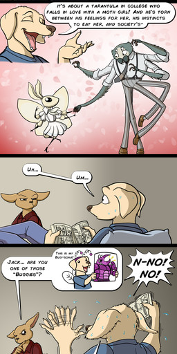 alternate_species bed brown_body brown_fur clothed clothing costume dialogue female fully_clothed fur furniture humor lying male meta_humor nervous on_back on_bed open_mouth parody reading smile suspicious sweating_profusely tan_body tan_fur text omny87 beastars haru_(beastars) jack_(beastars) legoshi_(beastars) voss_(beastars) arachnid arthropod beetle bird_dog canid canine canis domestic_dog fennec_fox fox hunting_dog insect labrador lepidopteran mammal moth mygalomorph retriever rhinoceros_beetle scarabaeid spider tarantula true_fox absurd_res comic english_text hi_res