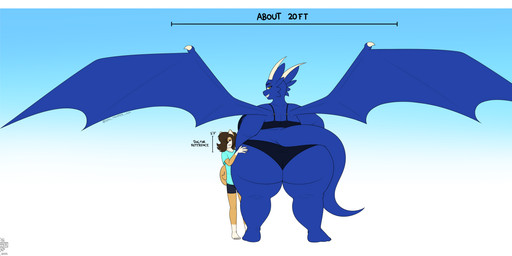 5_fingers 5_toes anthro big_breasts big_butt black_nose blue_body blue_eyebrows border bottomwear bra breasts brown_hair butt claws clothed clothing duo eyebrow_piercing eyebrows facial_piercing feet female fingers fur gloves_(marking) hair hand_on_butt horn huge_butt larger_female leg_markings male markings multicolored_body multicolored_fur overweight overweight_anthro overweight_female piercing shirt shorts size_difference smaller_male socks_(marking) standing tail tan_body tan_fur tan_horn thick_thighs toes topwear underwear white_border white_claws wings yellow_eyes day-tripper-guy mythology blue_(day-tripper-guy) isaac_(day-tripper-guy) canid canine canis domestic_dog dragon mammal mythological_creature mythological_scalie scalie 2023 hi_res widescreen