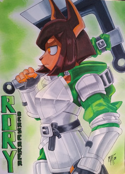 anthro armor axe breastplate brown_body brown_fur brown_hair female fur hair holding_axe holding_object holding_weapon melee_weapon pauldron side_view solo weapon mtapartstuff dog_knight_rpg rory_(ceehaz) canid canine canis dobermann domestic_dog mammal pinscher 2021 half-length_portrait hi_res marker_(artwork) portrait traditional_media_(artwork)
