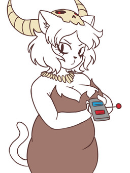 4_fingers anthro belly big_breasts big_eyes bone breasts brown_clothing brown_dress cleavage clothed clothing controller dress eyebrows eyelashes female fingers front_view fully_clothed hair holding_controller holding_object holding_remote_control inner_ear_fluff jewelry looking_at_viewer mouth_closed necklace overweight overweight_anthro overweight_female raised_tail remote_control short_hair simple_background skull solo tail tuft white_background white_body white_hair 4chan_anon warlock_cat domestic_cat felid feline felis mammal 2024 3:4 digital_media_(artwork) flat_colors portrait three-quarter_portrait
