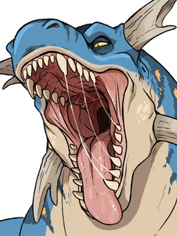 blue_body bodily_fluids cheek_horn countershading fangs glistening glistening_eyes glistening_tongue horn mouth_shot narrowed_eyes open_mouth pink_tongue pupils saliva saliva_on_tongue saliva_string sharp_teeth simple_background slit_pupils solo tan_body tan_countershading teeth tongue tongue_out unsigned white_background swampjaws densel_(imperatorcaesar) scalie 3:4 bust_portrait hi_res portrait